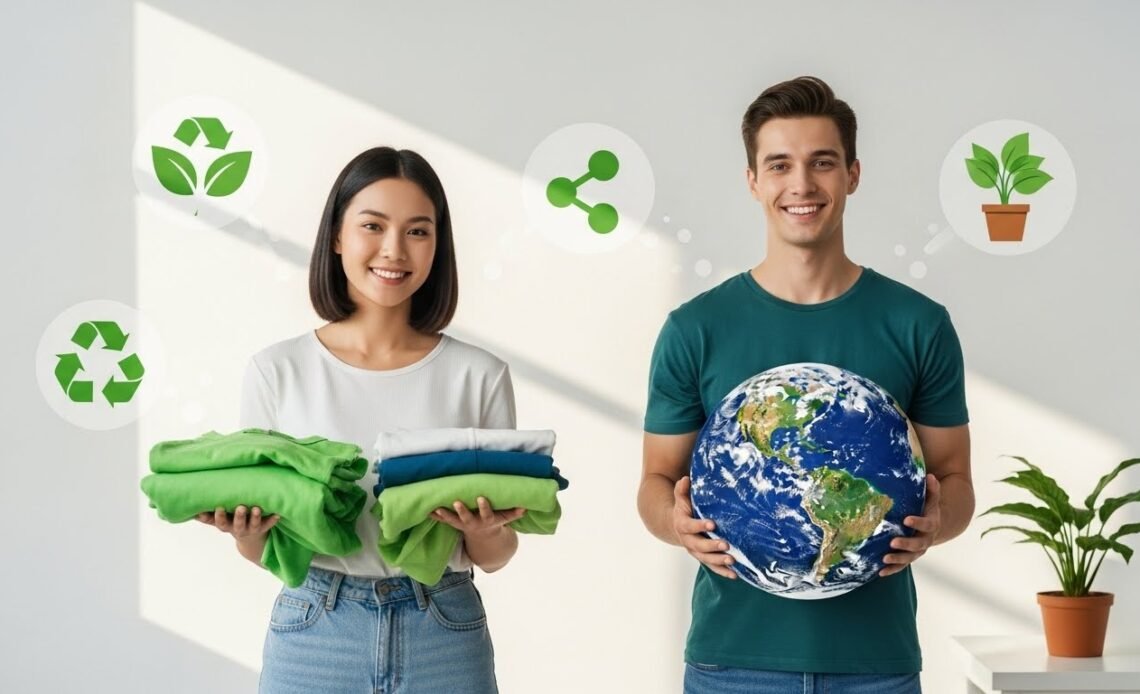 Eco-friendly couple with globe and recycling icons www free worlderorg.