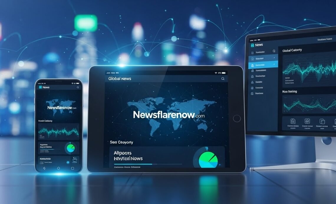 Newsflarenow com on digital news screens.