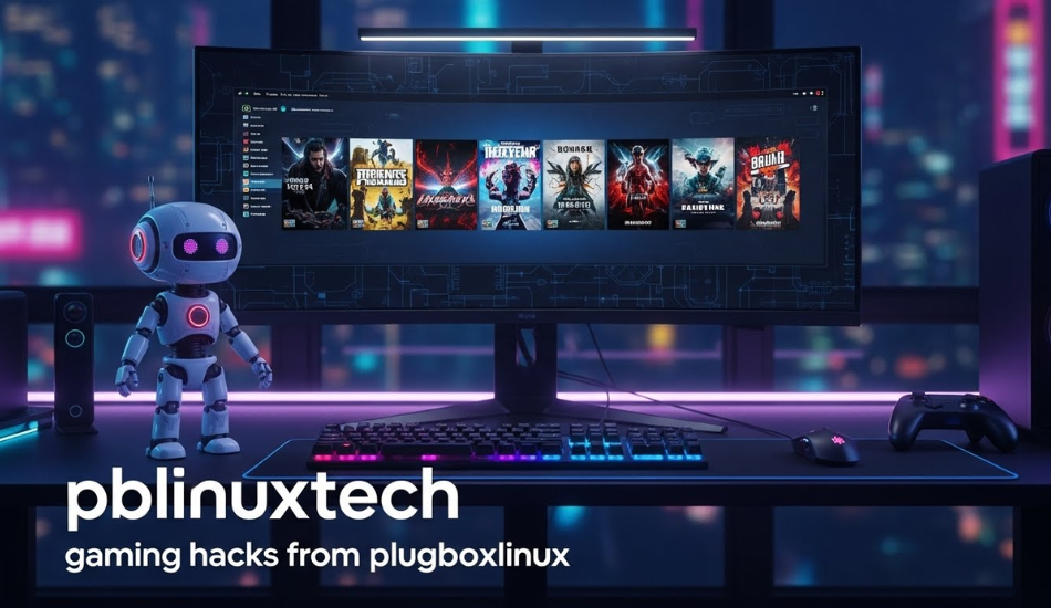Futuristic gaming setup showing pblinuxtech gaming hacks from plugboxlinux.