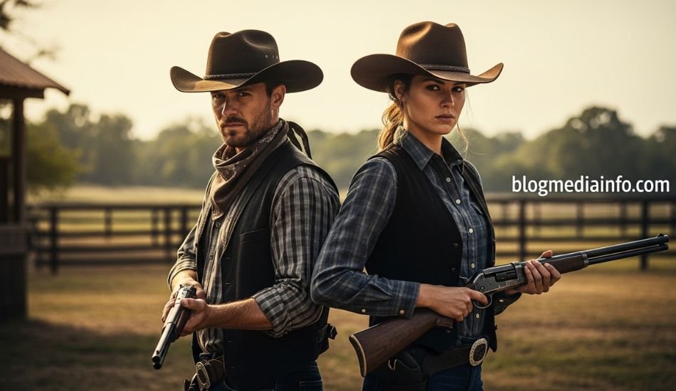 Cowboy and cowgirl with rifles