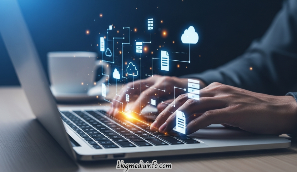 Person using laptop with cloud file sharing interface.