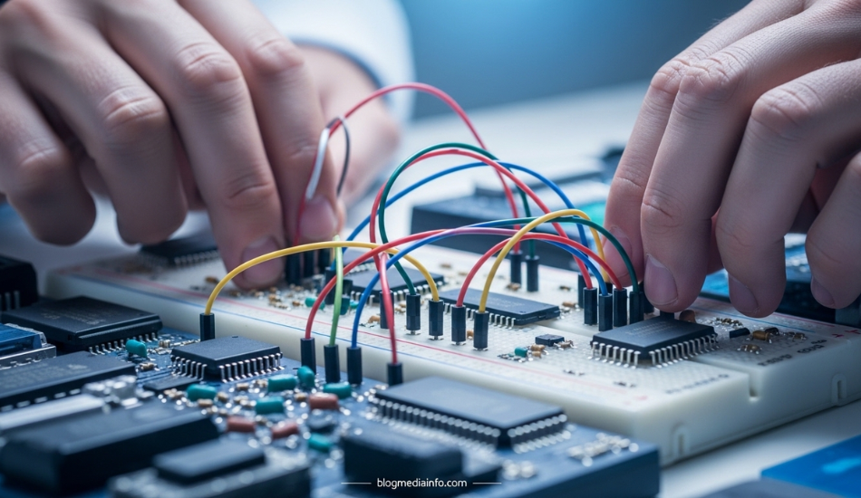 Hands connecting electronic components on a breadboard